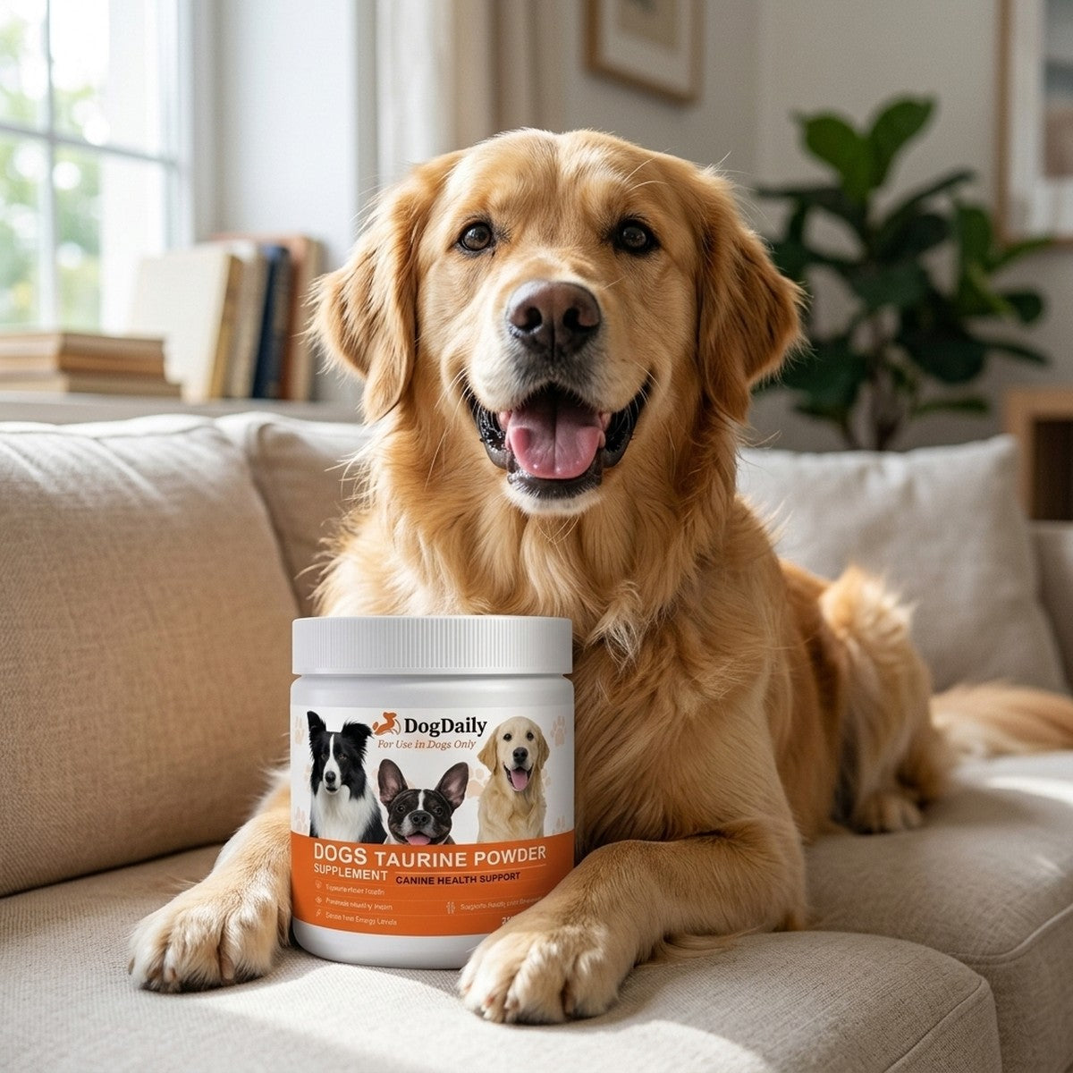 Happy golden retriever on a sofa with a jar of DogDaily Dogs Taurine Powder