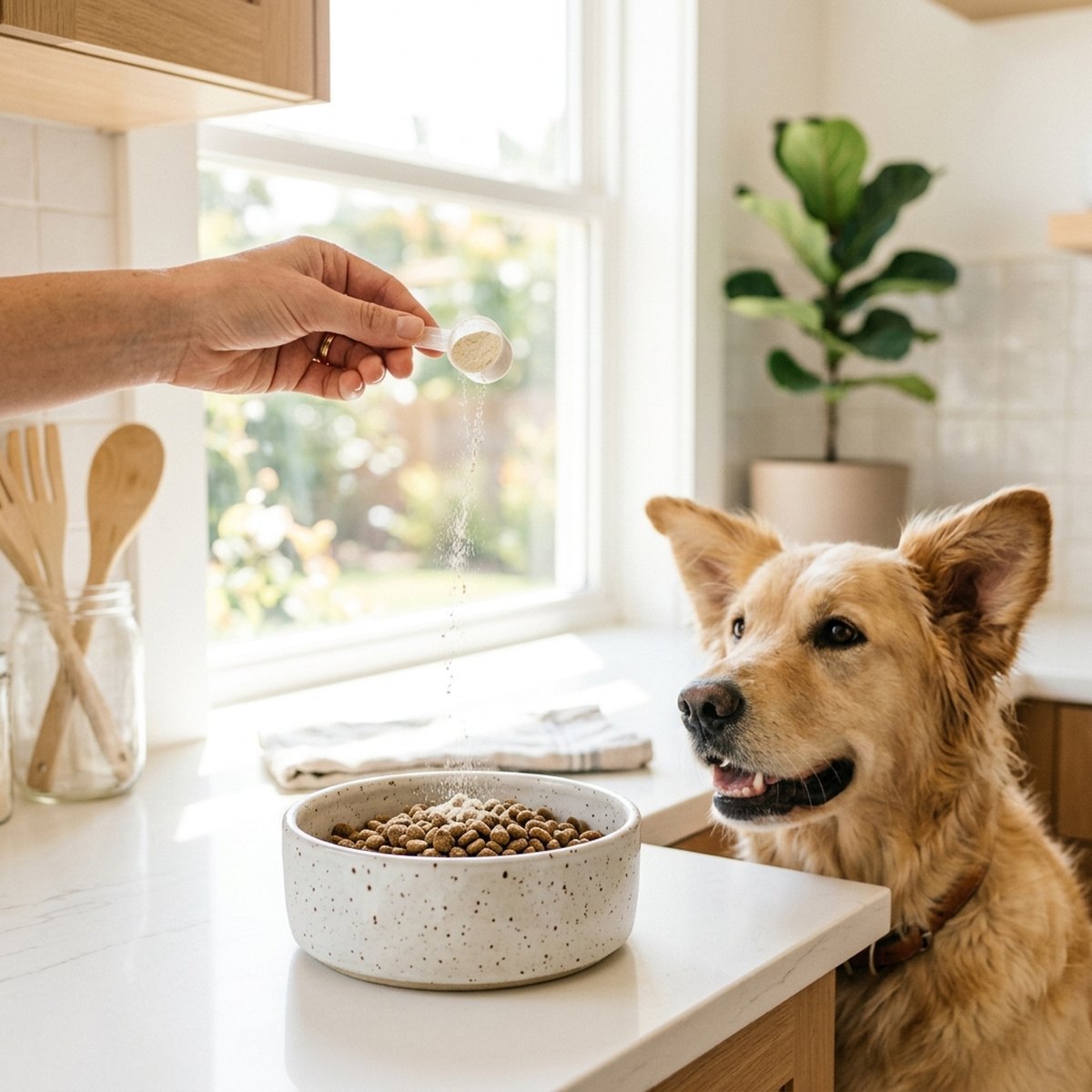 A small scoop of DogDaily powder poured over a bowl of kibble while a golden retriever watches