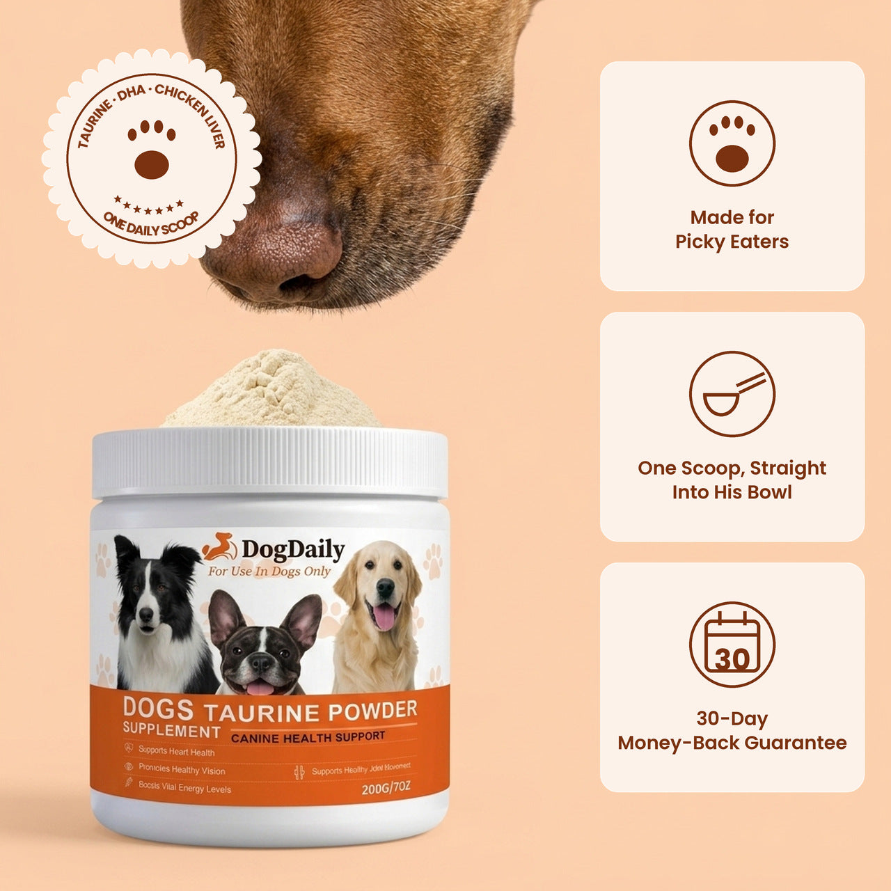 DogDaily tub with a dog sniffing the powder, made for picky eaters, one scoop, 30-day guarantee